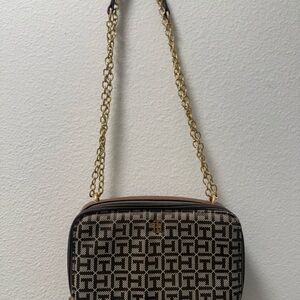 Tommy Hilfiger Black and Beige Monogram Crossbody with Gold Chain